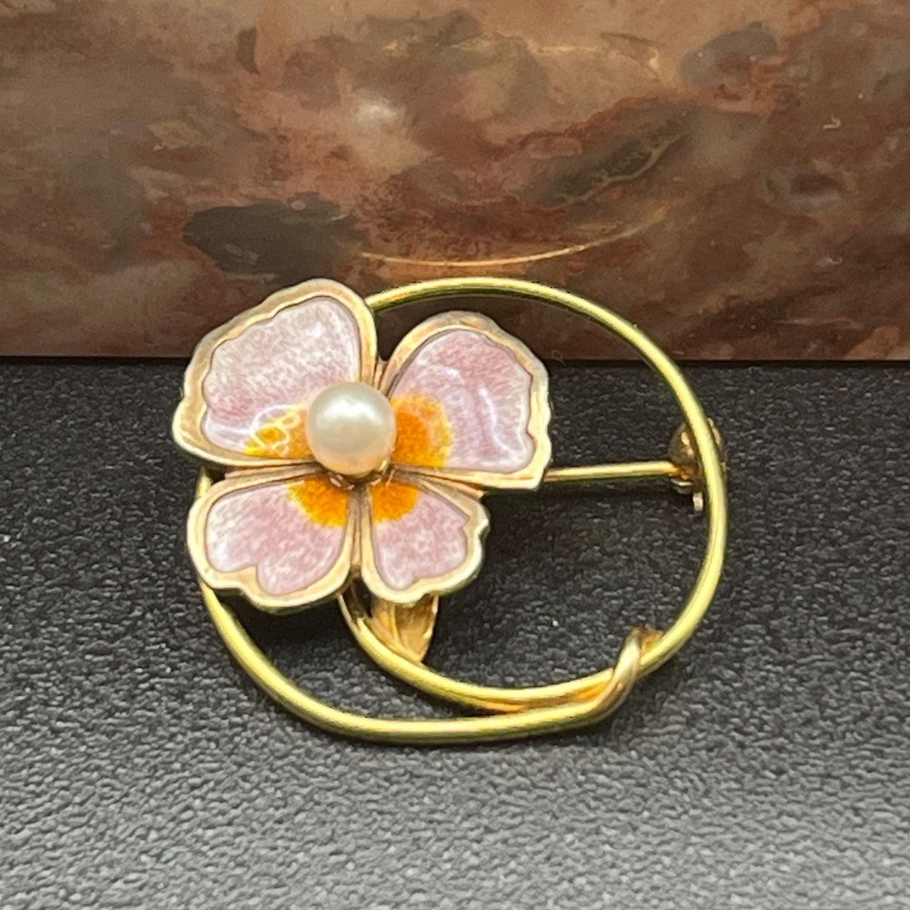 Creed 12K Gold Filled & Sterling Enamel Flower Brooch Mid Century Pearl Pin - Picture 6 of 11